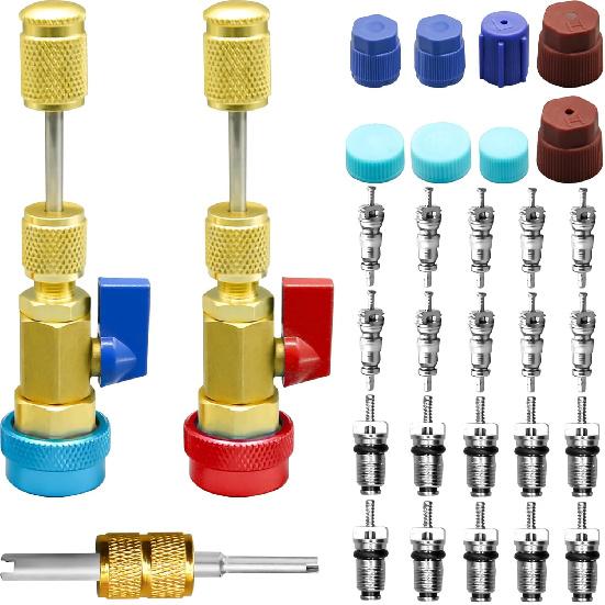 31Pcs R134A Valve Core Quick Remover Installer Tool Set, High Low Pressure AC Valve Core Removal Tool with R134A Valve Core AC Service Port Cap Valve