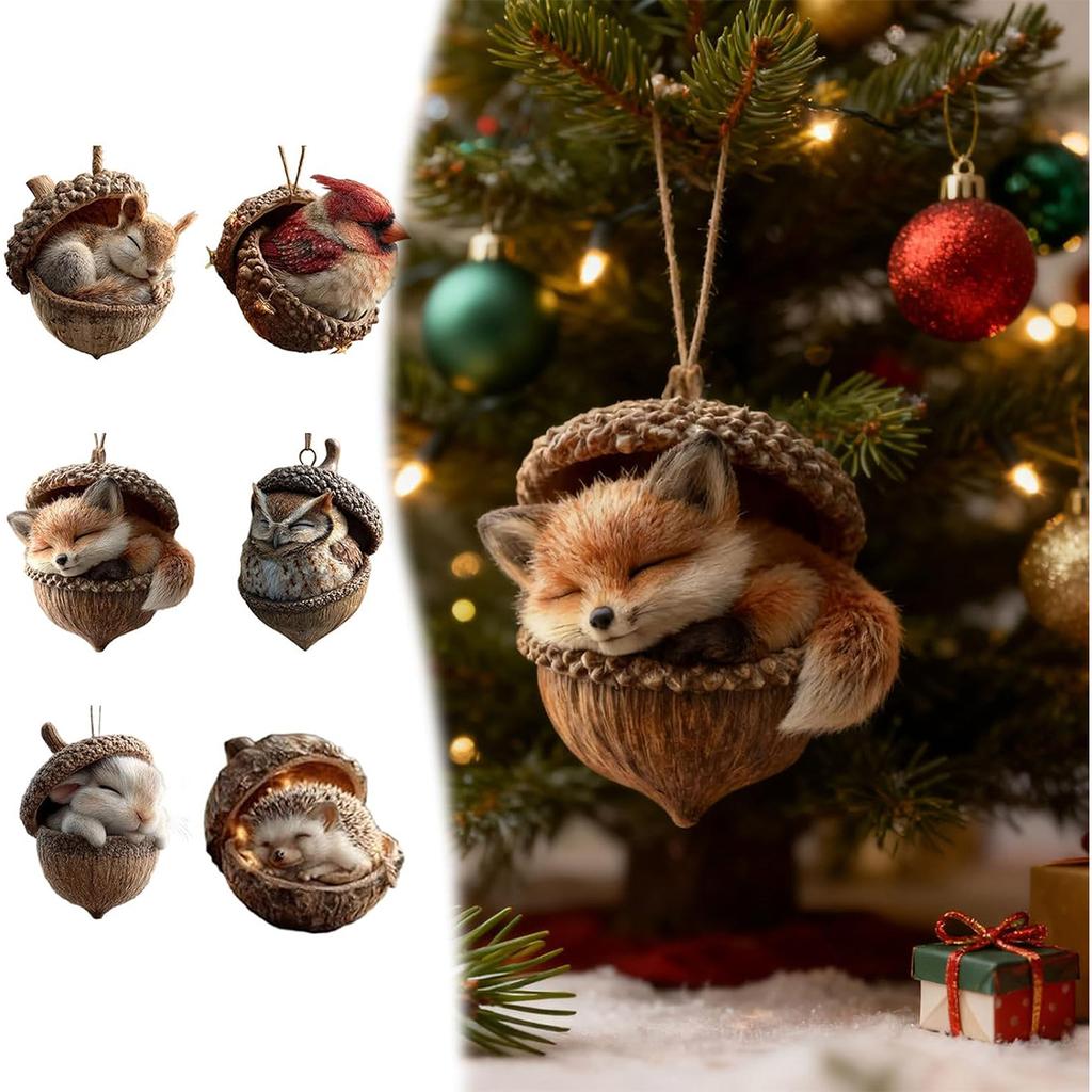 2026 Neue Eichel-Ornamente, 2D, flach und leicht, wiederverwendbar, 6-teiliges Set, Waldtier-Eicheln-Ornamente