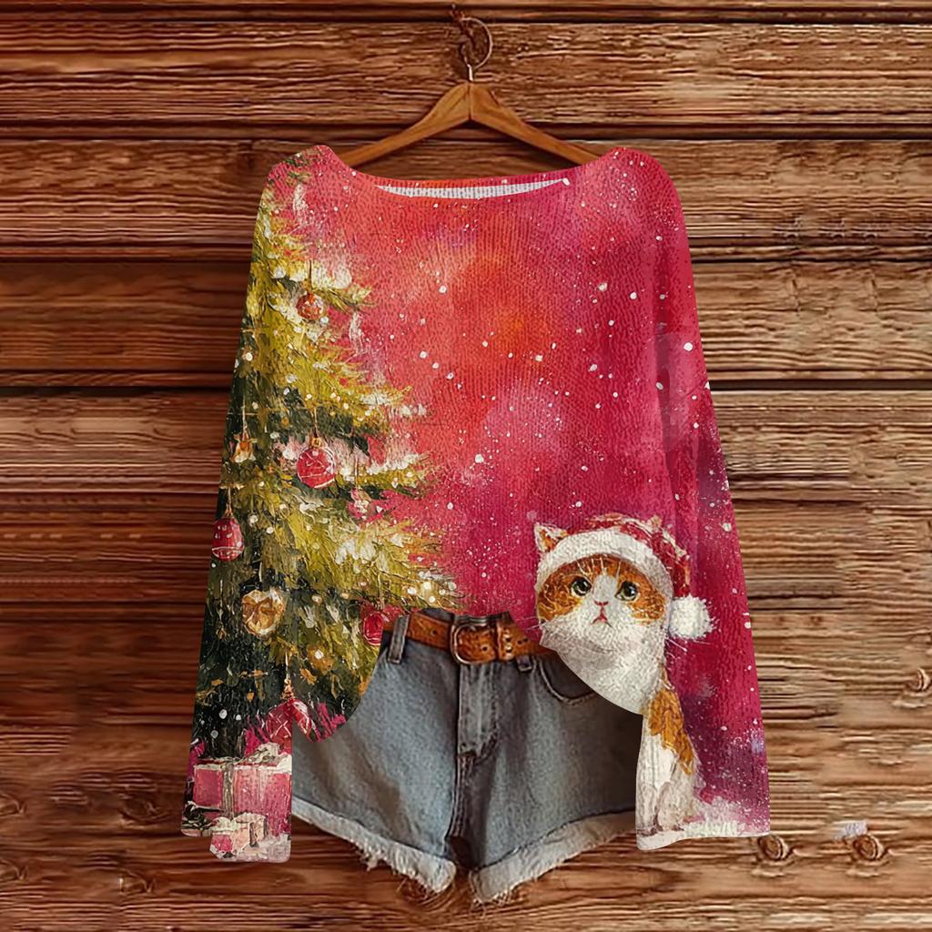 Women's Casual Fashion Round Neck Top Christmas Print Long Sleeve Knit Pullover