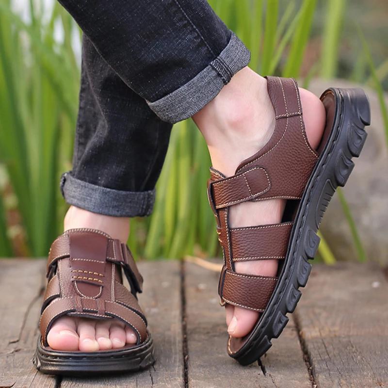 Handmade Genuine Leather Men Sandals for Men Shoes Summer Non-Slip Thick-soled Beach shoes man Leisure Men's Sneakers size 47 48