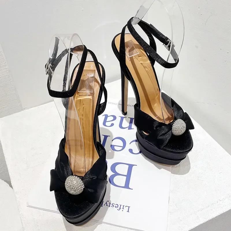 Fashion Luxury Crystal Buckle Strap Platform Sandals Sexy Peep Toe 16CM Thin High Heels for Women Elegant Sandals Banquet Party Shoes