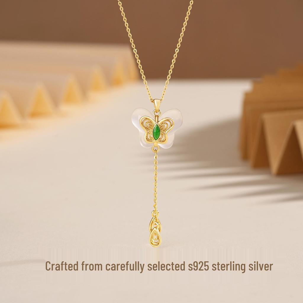 Tichiya S925 Silver Butterfly Tassel Necklace with White Agate