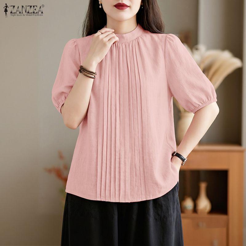 ZANZEA Women Stand Collar Solid Color Loose Casual Half Sleeve Blouse