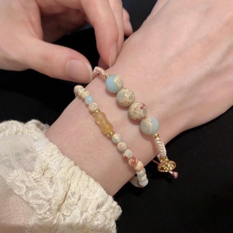 Colorful Rope Shoushan Stone Bead Bracelet, Retro Bamboo Joint Bracelet, Hand-woven and Layered Handcrafted Jewelry Accessory