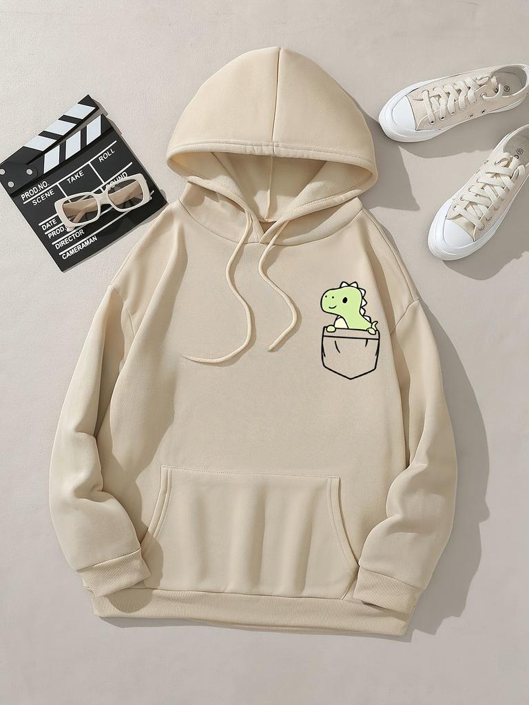 Herbst und Winter Süßes Kleines Dinosaurier Muster Aufgedruckte Hoodies Rundhals Langarm Lässige Damenbekleidung