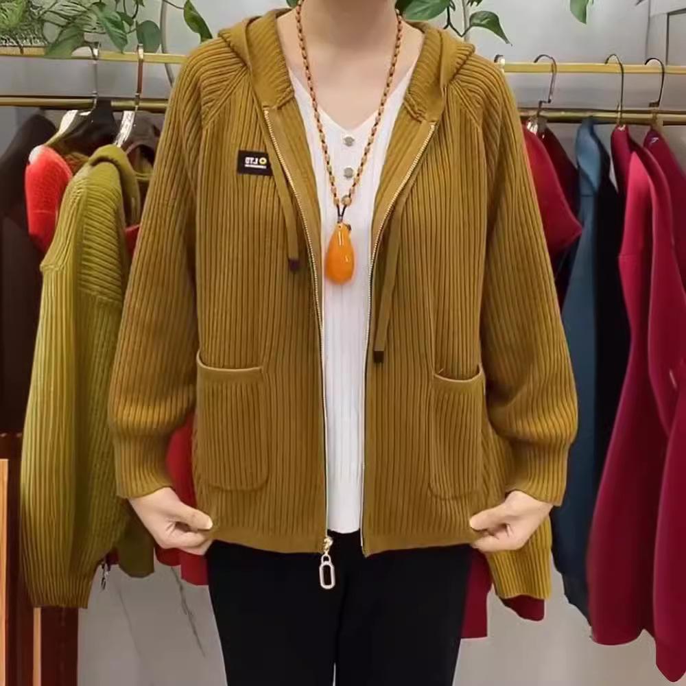 Autumn and Winter Hooded Zipper Knitted Top Sweater Cardigan Jacket for Women Middle-aged and Elderly Mothers