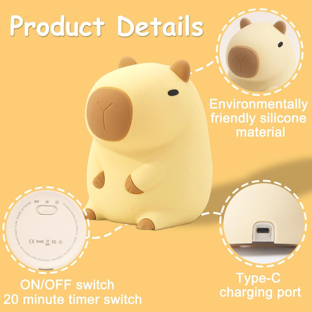 Lampeez Capybara Night Light, LED Nursing Light, Capybara Bedside Lamp with Timer, Birthday Gift for Boys and Girls, Cute
