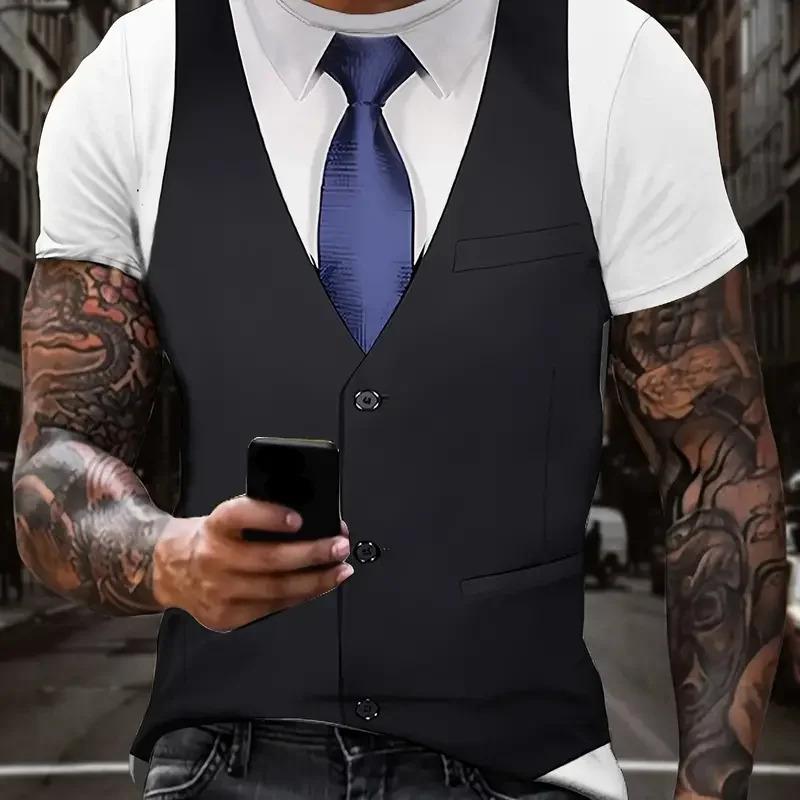 Fashionable men's T-shirt 3D printed tie pattern ordinary short sleeved shirt