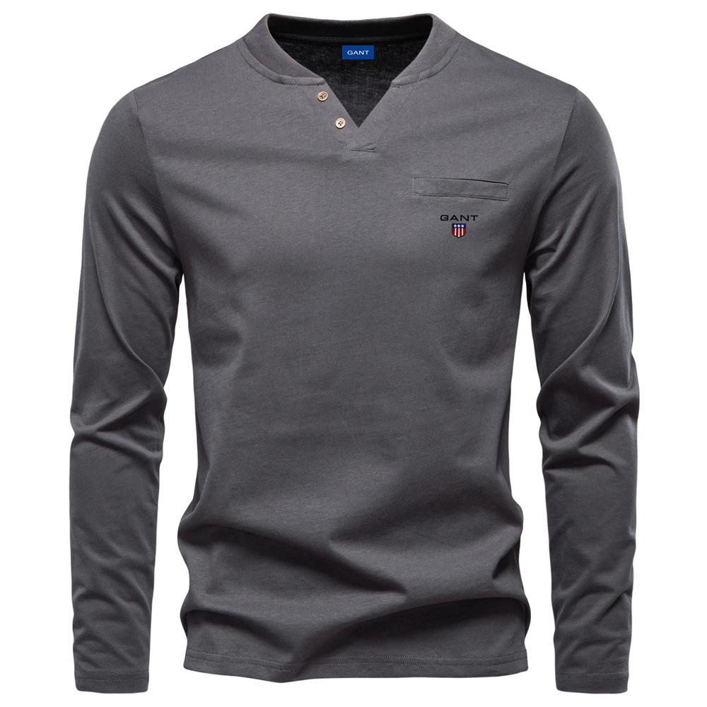 

Gant 2025 Autumn New Men s Embroidery Casual European Size V-neck Long Sleeved T-shirt Slim Fit Base Shirt Pure Cotton T-shirt Top for Men XXL