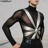 Men High Neck Long Sleeve Mesh Sheer See Through Glitter Patchwork T-shirts Tops