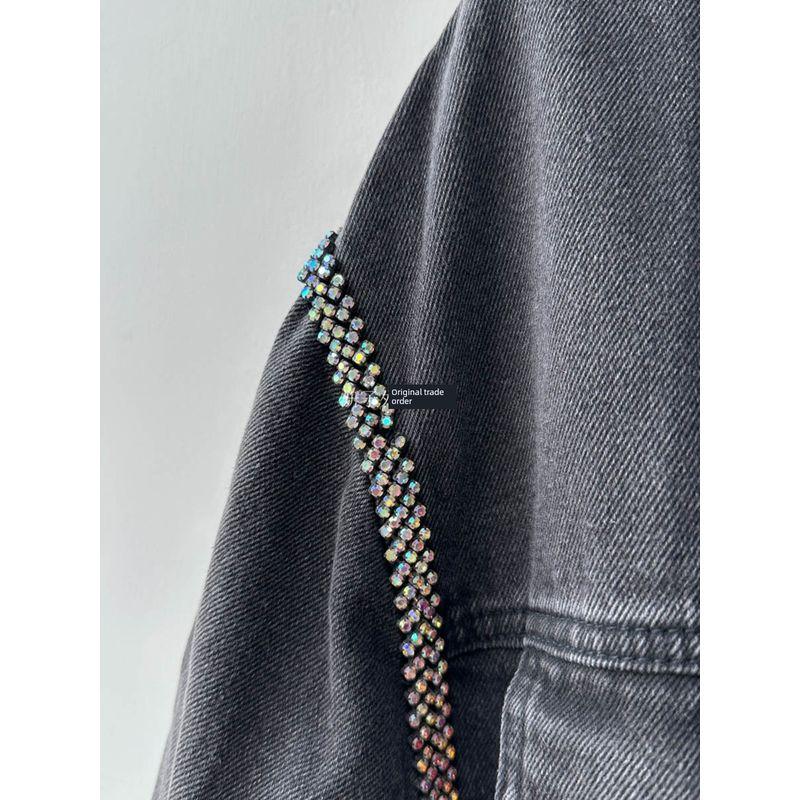 Los Angeles Single Super Cool Big Brand Same Style Boyfriend Style Handsome Profile Versatile Denim Jacket Shoulder Colorful Crystals