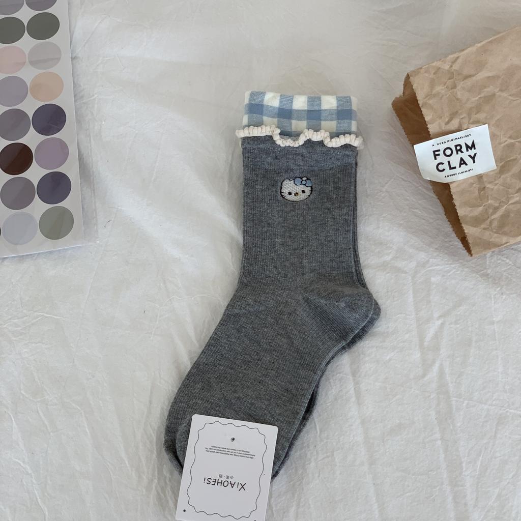 Autumn Gray Gray Double Needle Stack Socks Women'S Medium Stripe Solid Color Lace Double Screw Mouth Simple And Versatile