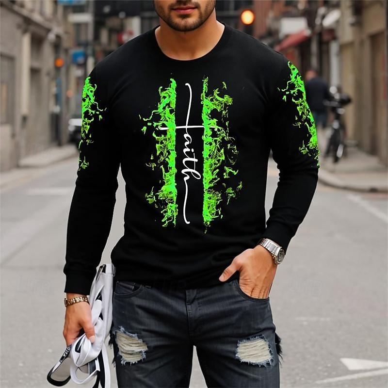 Funny Cross Print T Shirt For Men Casual O-neck Loose Pullover Fashion Comfortable Long Sleeve T-shirt Autumn Top Street Clothes