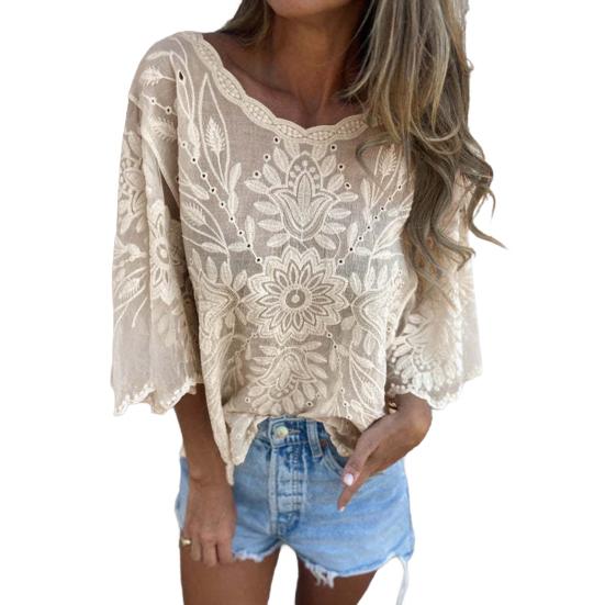 

Yousheng женские топы с круглым вырезом и рукавами 3/4, кружевные, свободные, повседневные, однотонные, дышащие, нестандартные топы M