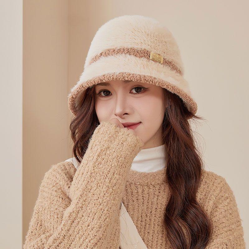 Plush Fisherman Hat Women's Autumn and Winter Bucket Hat, Two Tone Warm Basin Hat