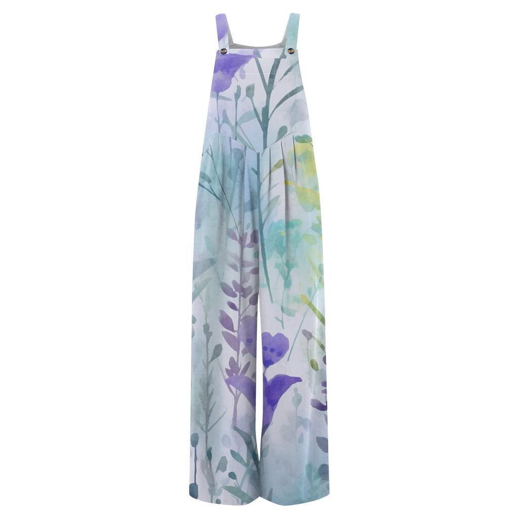 Women's Fashion Casual Loose With Pockets  Sleeveless Printed Jumpsuit