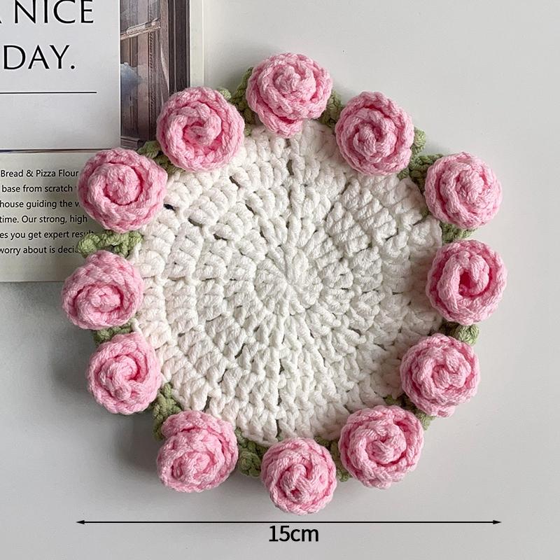 Creative Knitted Coasters Mini Rose Hand-Held Bouquets Placemat Crocheted Rose Coasters Small Flower Potted Desktop Decorations