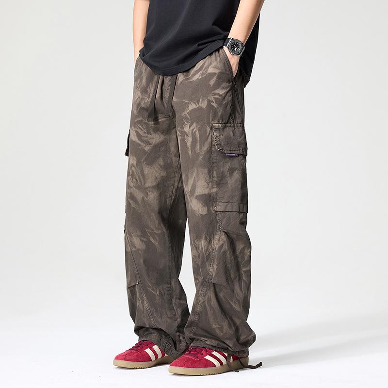 Spring and summer American casual retro old tie-dye big pocket overalls men's straight loose drawstring wide-leg pants
