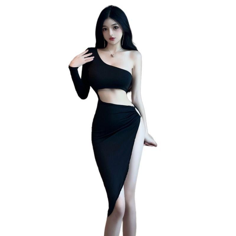 Spring and Autumn Sexy Spice Girls Fashion Dress High Split Legs Skinny Hollow Waist Irregular Medium and Long Dress
