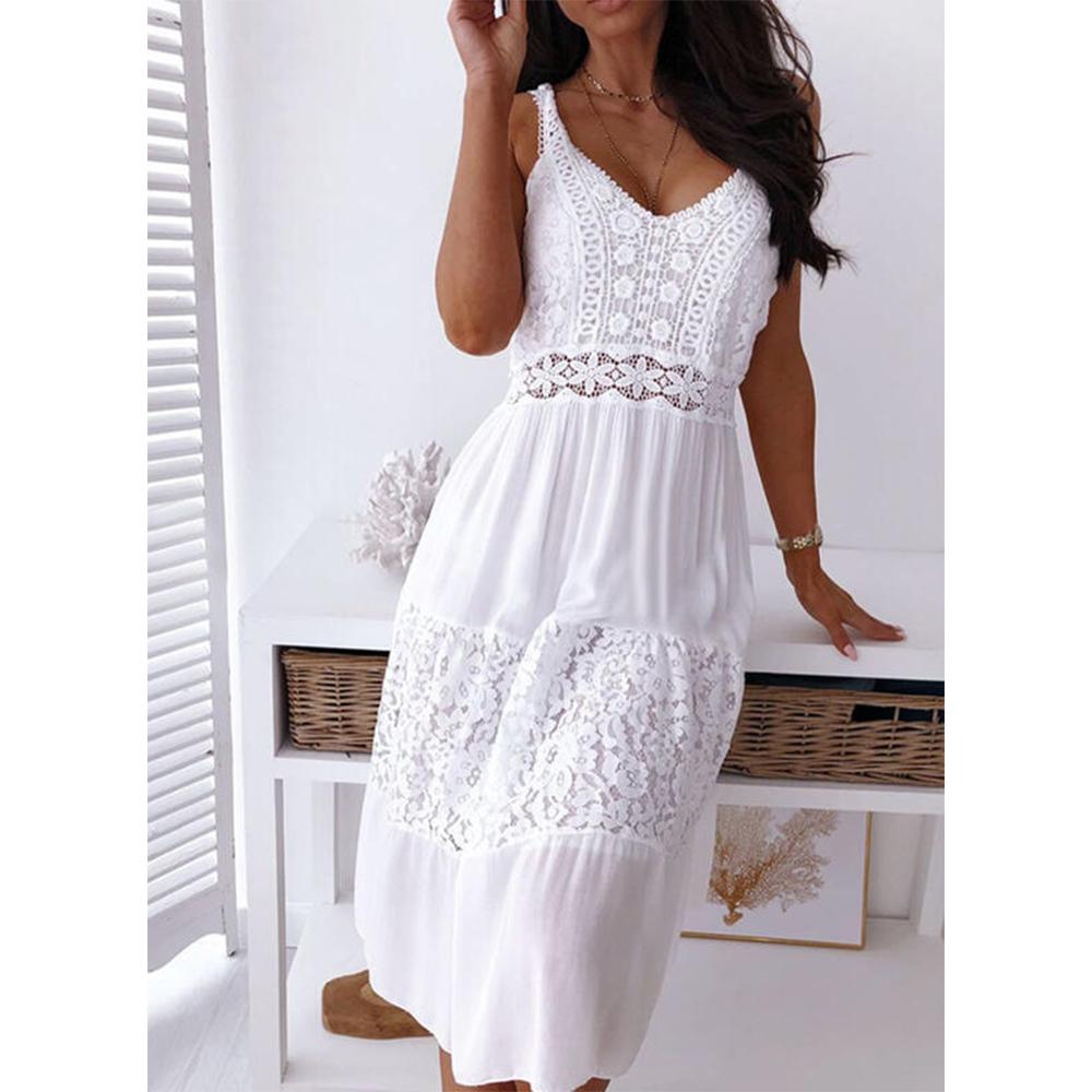 

Женщины Бохо Кружева Длинное Миди Платье Дамы Без рукавов Летний отдых Пляж Сарафан M-3XL