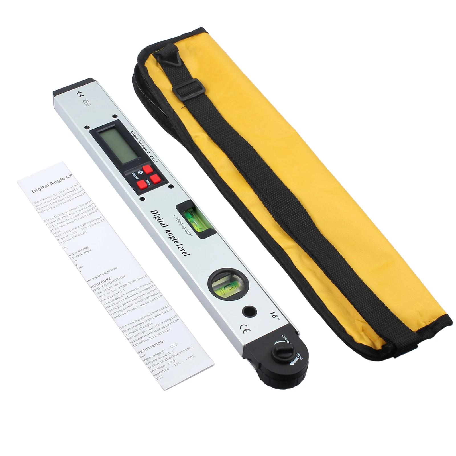 

0~225° ЖК-цифровой транспортир спиртовой уровень угломер измерительный прибор подсветка с портативной сумкой ручной измерительный инструмент 255/400 мм