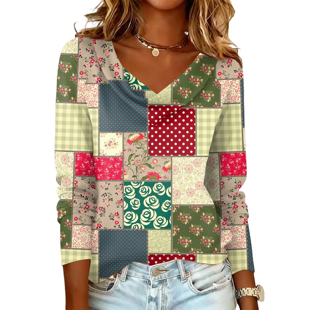 Ladies' Plaid Printed Casual and Fashionable Long Sleeved Pullover Top