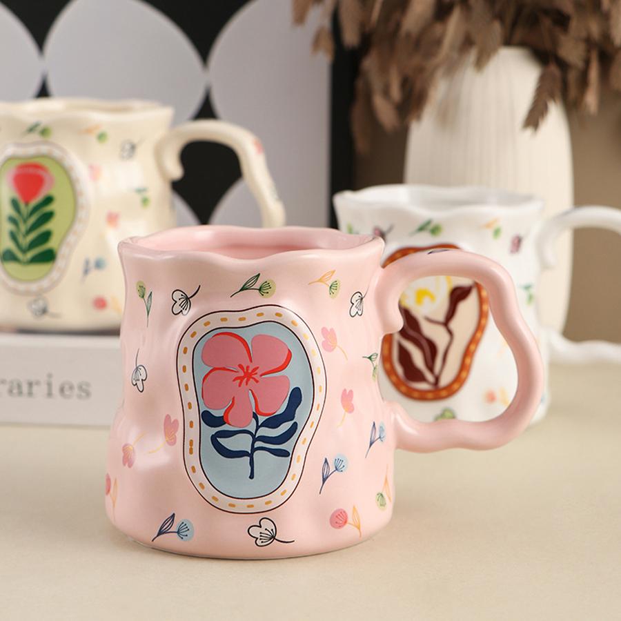Hand-painted Floral-patterned, Uniquely Shaped Ceramic Mug, 380ml