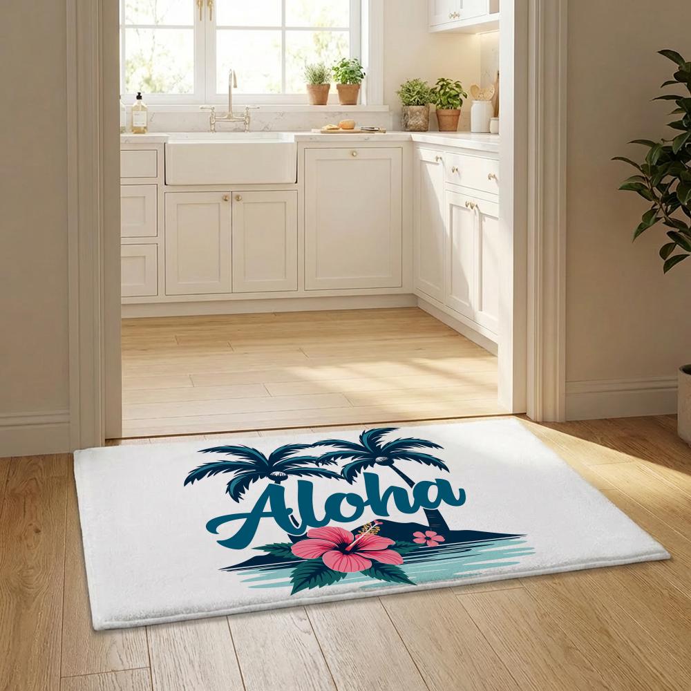 Aloha Hibiscus Design Floor Mat Flannel Door Mat Non-Slip Bedroom Living Room Home Decor