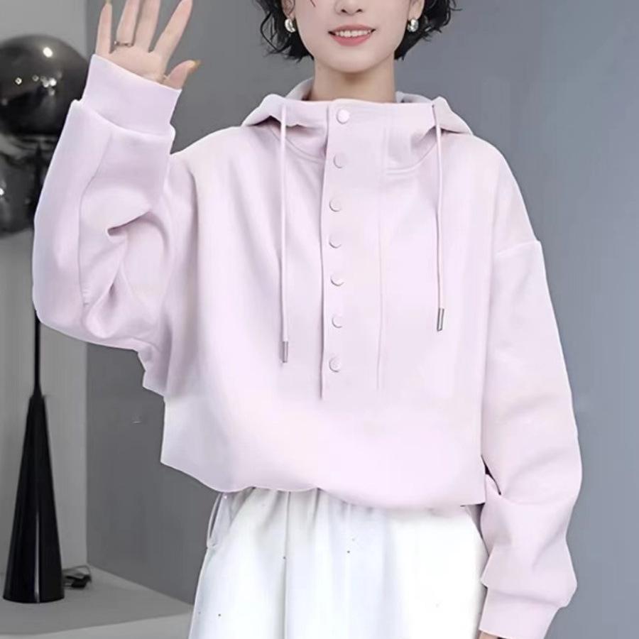 Early Spring Casual Hooded Sweatshirt - Versatile Loose Fit, Half-High Neck, Trendy Small Size Top