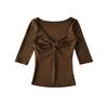 Deep V-Neck Kink Medium Sleeve T-Shirt Women's Summer New American Spice Girl Style Solid Color Slim Skinny Bottom Top