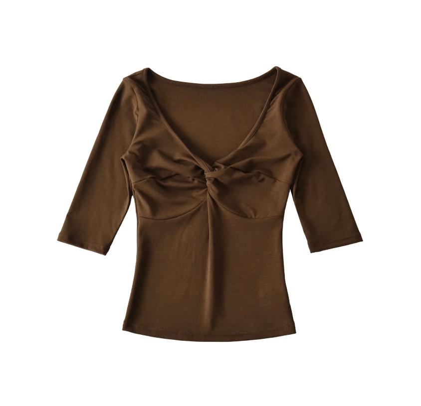 Deep V-Neck Kink Medium Sleeve T-Shirt Women's Summer New American Spice Girl Style Solid Color Slim Skinny Bottom Top