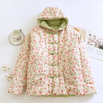 Winter Handmade Pure Cotton Flower Hooded Padded Jacket Adult Women's Coat Padded Jacket Warm Padded Jacket
