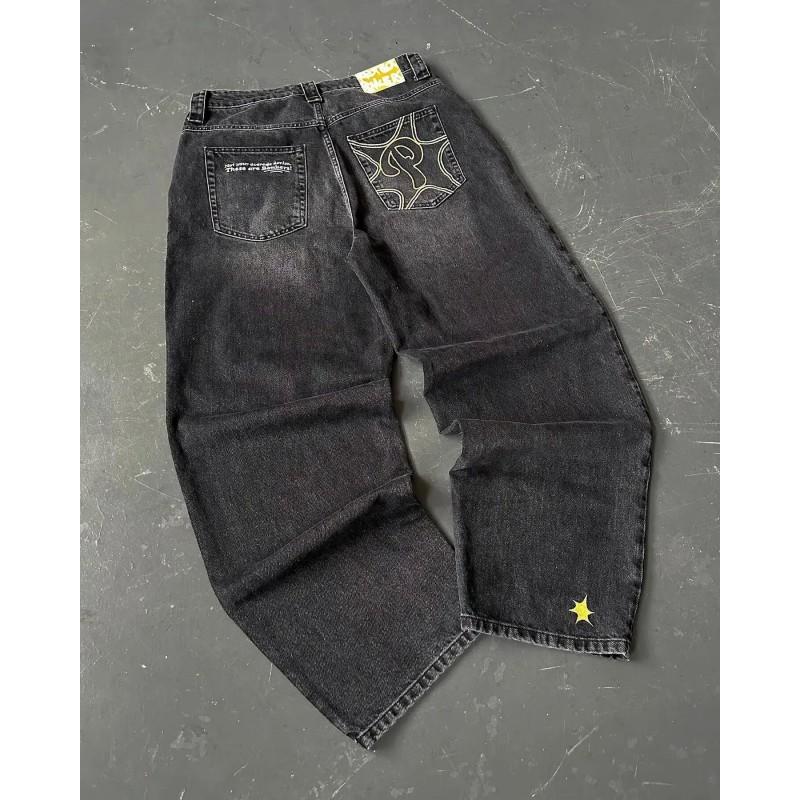 Y2K Harajuku Hip Hop Denim Pants Loose Fit High Waist Wide Leg Blue Cotton Jeans Men Youth
