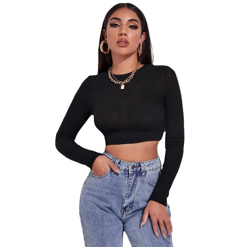 Spring and summer women's clothing, sexy off-the-navel long-sleeved slim-fit bottoming shirt, straps on the back, backless T-shirt top
