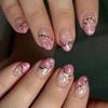 Flower Press On Nail Spring False Nail Short Oval Stick On Nail Glitters Acrylic Artificial Nail Manicure Nail Accesory