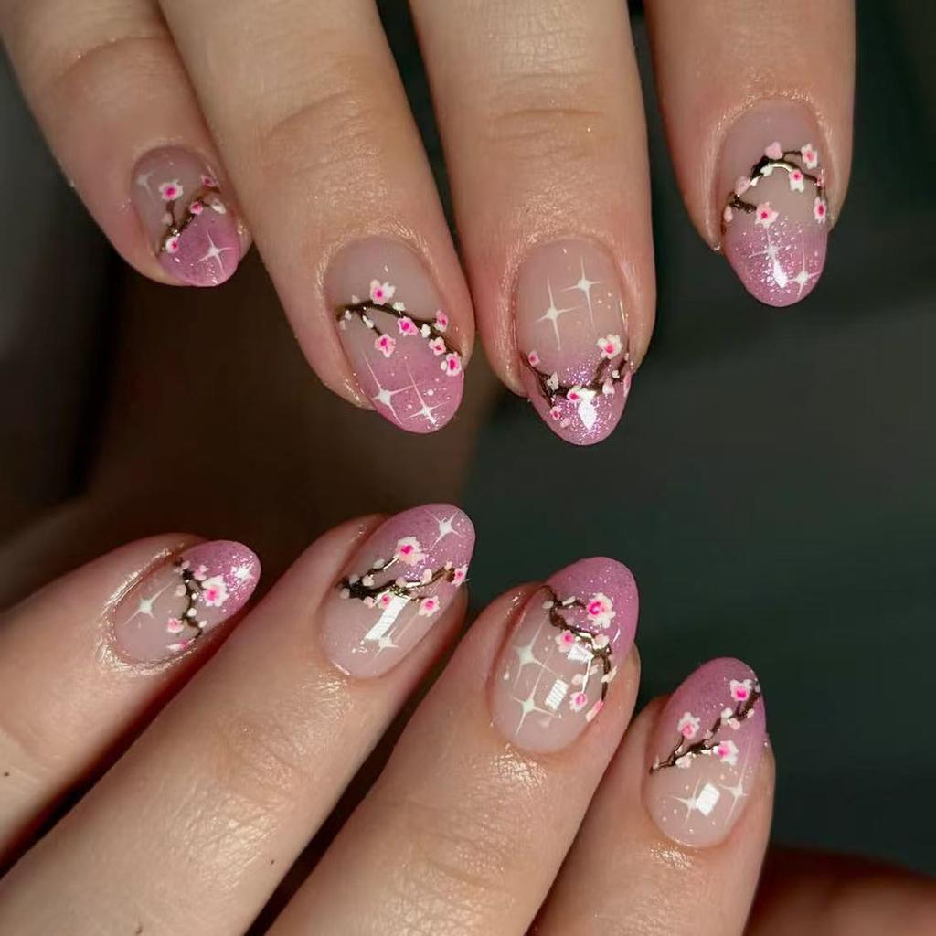 Flower Press On Nail Spring False Nail Short Oval Stick On Nail Glitters Acrylic Artificial Nail Manicure Nail Accesory