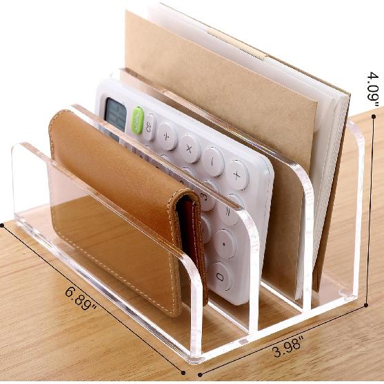 SANRUI Acrylic Mail File Organizer Sorters for Desk, 3 Upright Compartments Laddered Clear Desktop Vertical Letter Holder, Multifunction Envelope