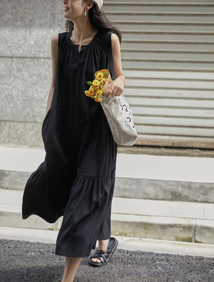 Relaxed Summer Slim Sleeveless Black Textured Maxi Dress M чёрный