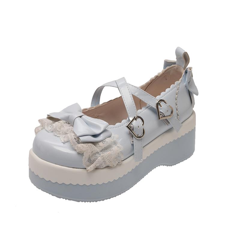 

Модные милые туфли Лолита на плоской платформе, Женские студенческие туфли Мэри Джейн на платформе с кружевом, клубничными бантами, милые туфли на платформе 40 небесно-голубой