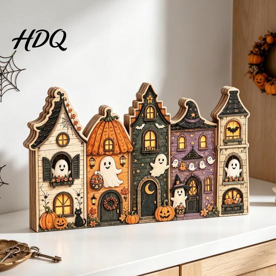 Halloween Wooden House Decorations Retro Haunted Village Tabletop Decor Fall Farmhouse Witch Distressed Wood Crafts Ornament Ghost Town Centerpiece