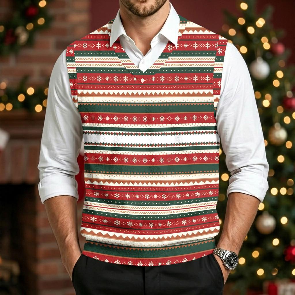 Herre Uld V-hals Strikket Sweater Vest, Juleprint Ærmeløs Pullover til Feriependling