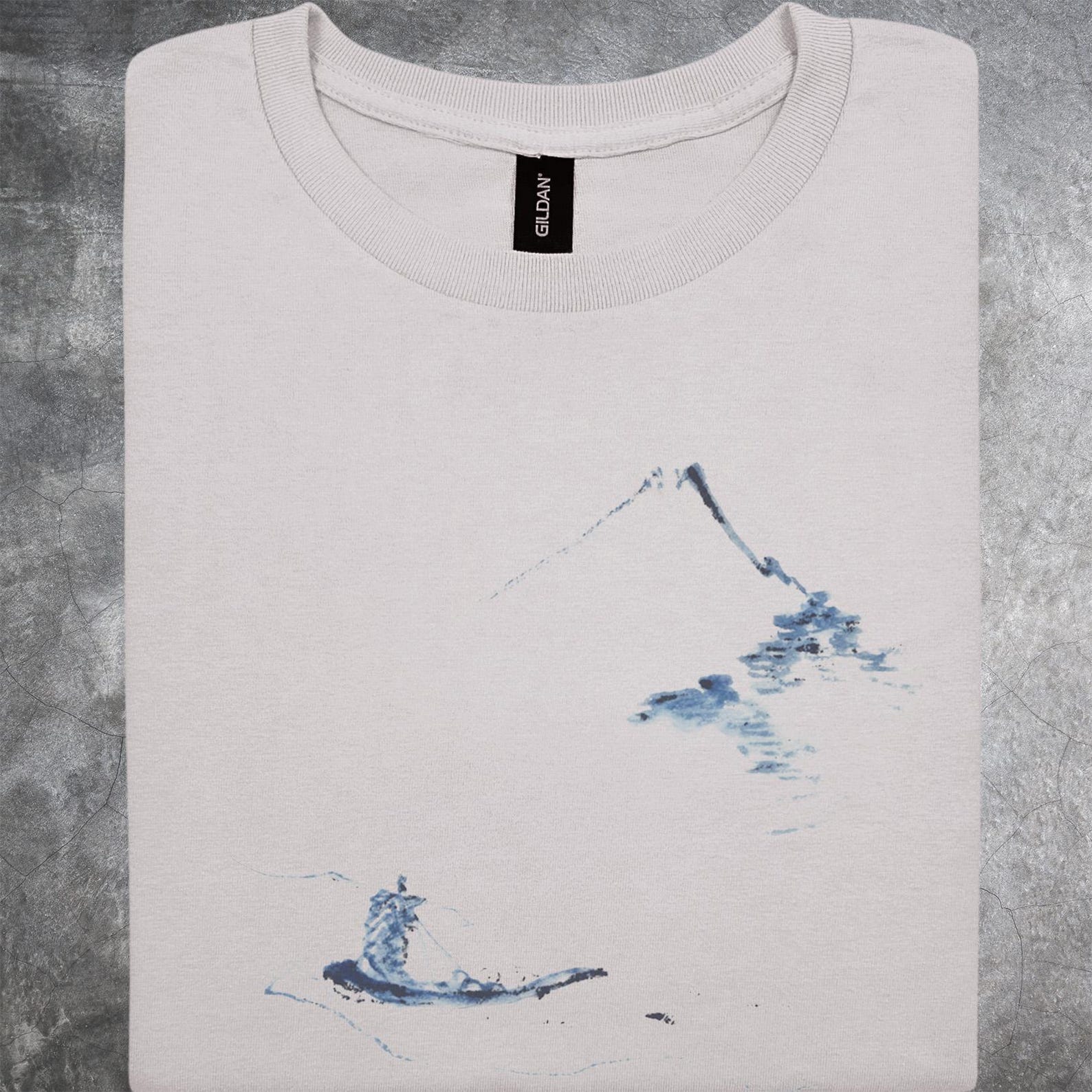 Sumi Ink Mountain Boat Art Shirt Landscape Minimal Japanese Style Tshirt 120