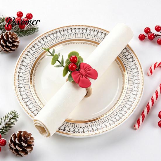 Bulk Napkin Rings for Hotel Mini Christmas Ring, Small Red Bow Wooden Holder with Farmhouse Dining Table Decor Berries Pine Cones New Year Party