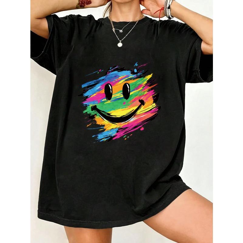Oversized T Shirt Black Rainbow Smile Face Print Casual Wear For Women Summer Streetwear Fashion Top