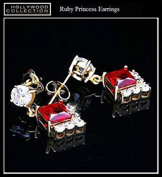 Ruby Red 18K Princess Cut CZ Dangle Hollywood Celebrity Jewelry Earrings, Gold, Diamond, Earrings, 18KGP,