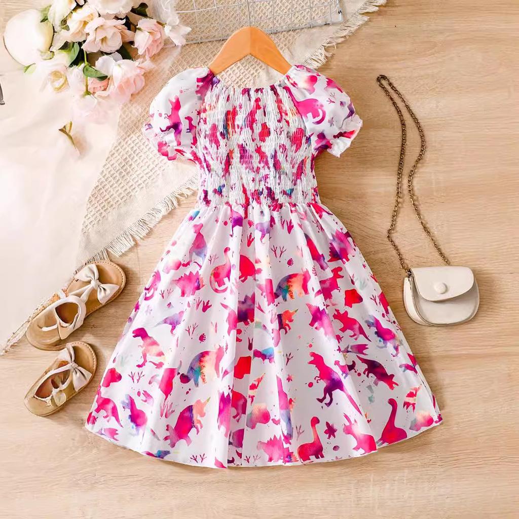 Girls' Waisted Cartoon Dinosaur Print Dress Summer Fashion Dress for Children