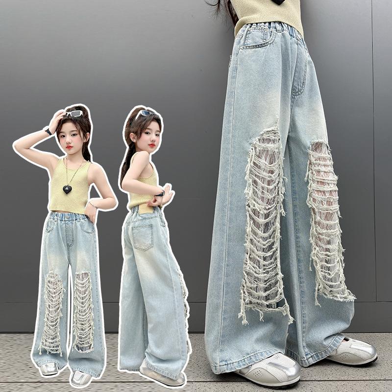 Girls' Ripped Jeans Children's Fashionable Lace Wide Leg Pants Summer Pants