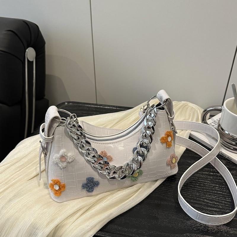 New Crocodile Pattern French Toast Bag Fashion Flower Embroidery Chain Shoulder Bag Women's Shoulder Cross-Body Bag AVE