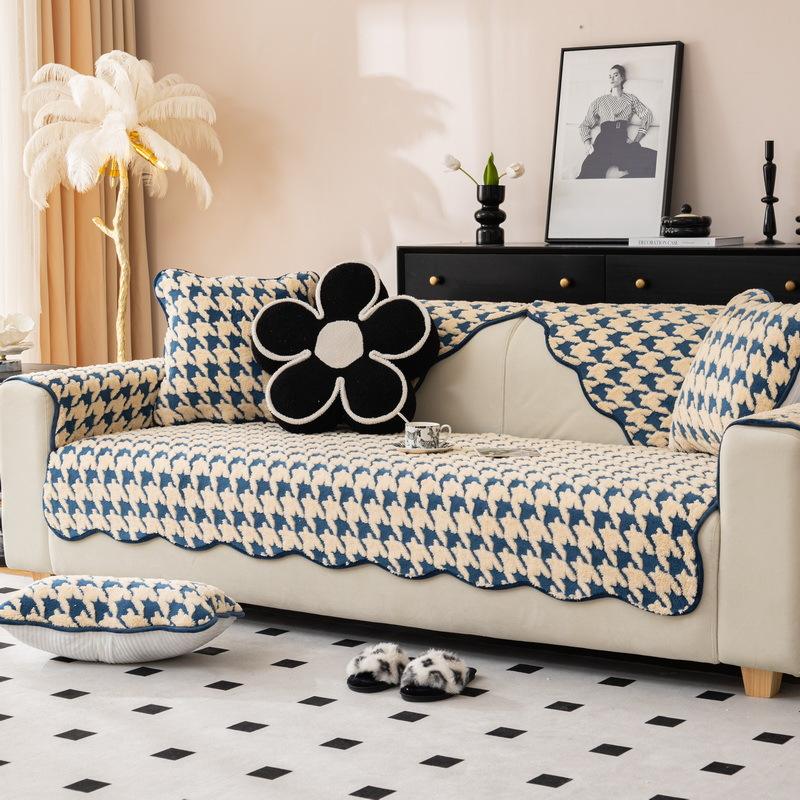 Houndstooth Plush Sofa Cushion Winter New High-end Thickened Non-slip Cushion Leather Sofa Cover Cover Cloth Towel