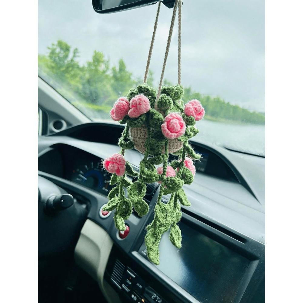 

1pc Cute Plant For Car Rear View Mirror/Room Decor, Boho Style Handmade Car Mirror Hanging Accessory Suitable For Women And Girls, Car Interior Decor Pink